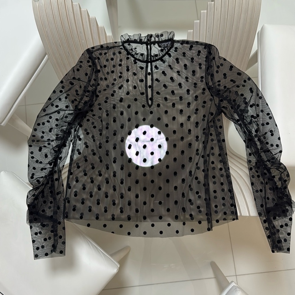 Topshop sheer polka dot ruffle neck blouse size 2